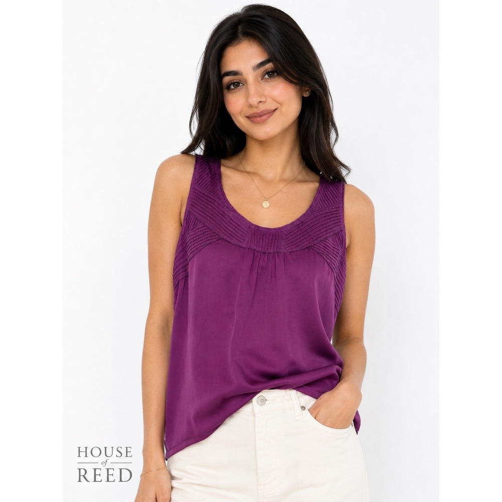 White House Black Market Silk Pleated Scoop Neck Tank Blouse Purple Size 8